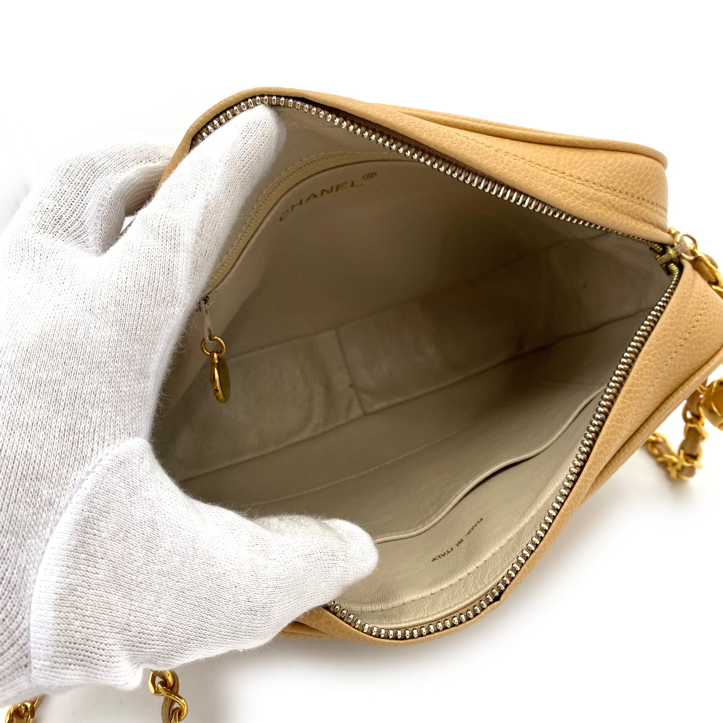 CHANEL VINTAGE TRIPLE COCOMARK CHAIN SHOULDER BAG BEIGE CAVIAR SKIN 90240954