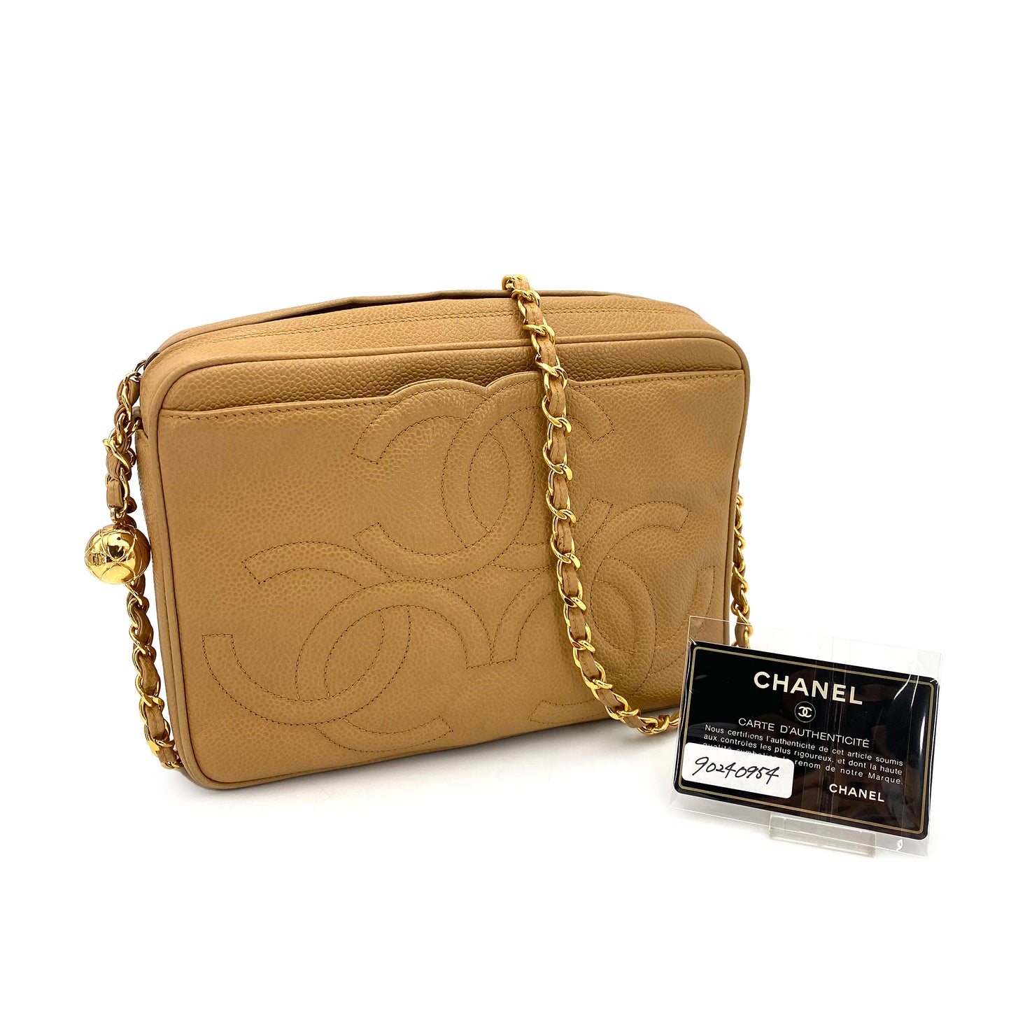 CHANEL VINTAGE TRIPLE COCOMARK CHAIN SHOULDER BAG BEIGE CAVIAR SKIN 90240954