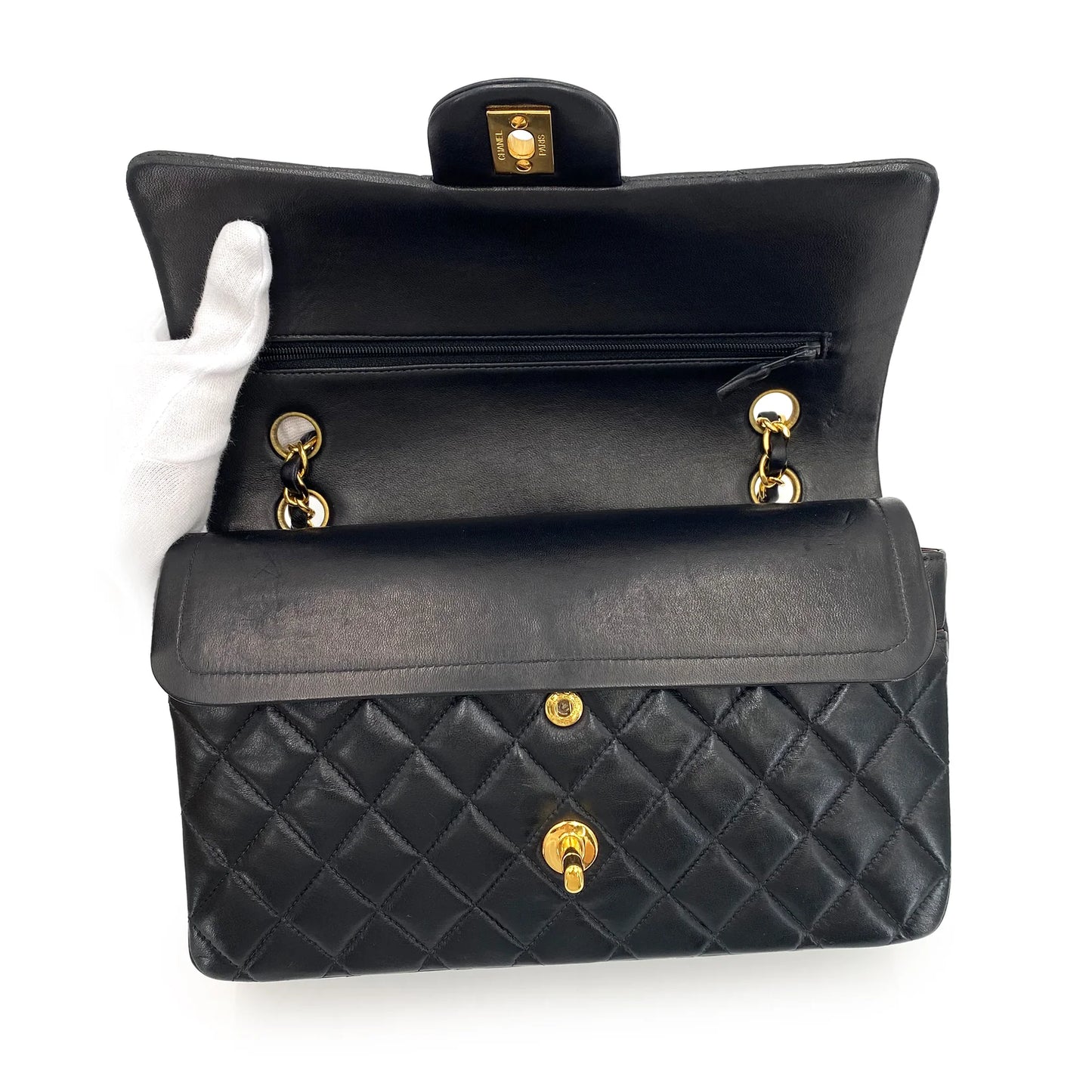 CHANEL VINTAGE CLASSIC FLAP MEDIUM CHAIN SHOULDER BAG BLACK LAMB SKIN 90240955