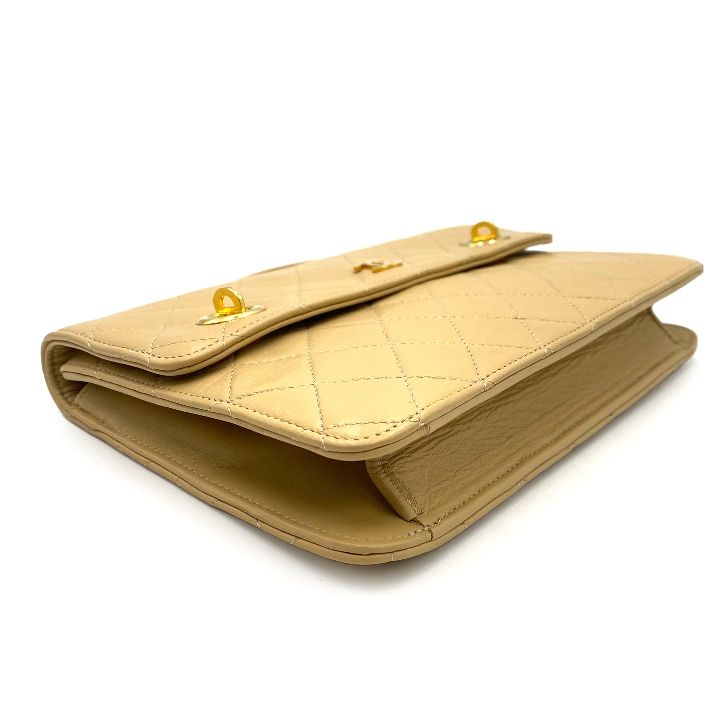 CHANEL VINTAGE DOUBLE TURN LOCK CHAIN SHOULDER BAG BEIGE LAMB SKIN 90240961