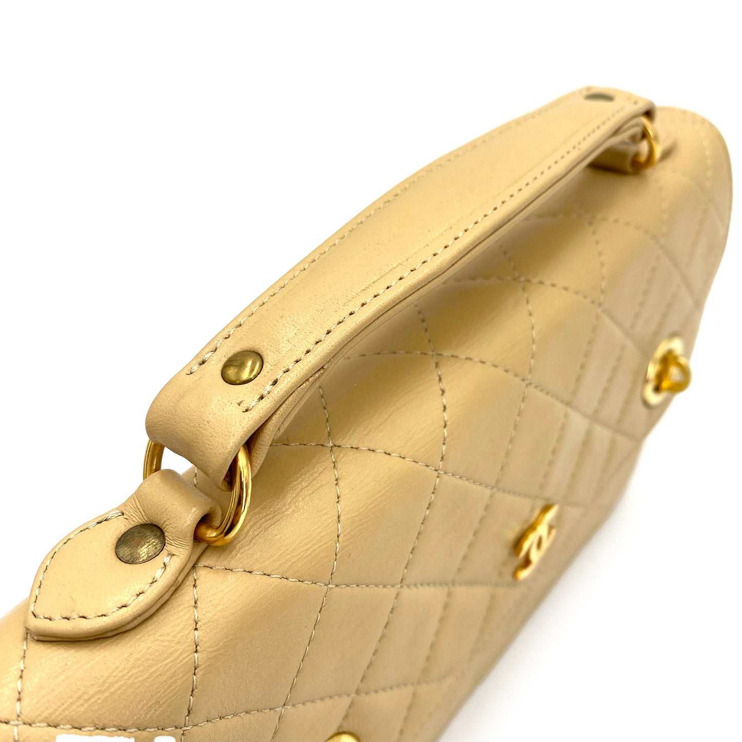 CHANEL VINTAGE DOUBLE TURN LOCK CHAIN SHOULDER BAG BEIGE LAMB SKIN 90240961
