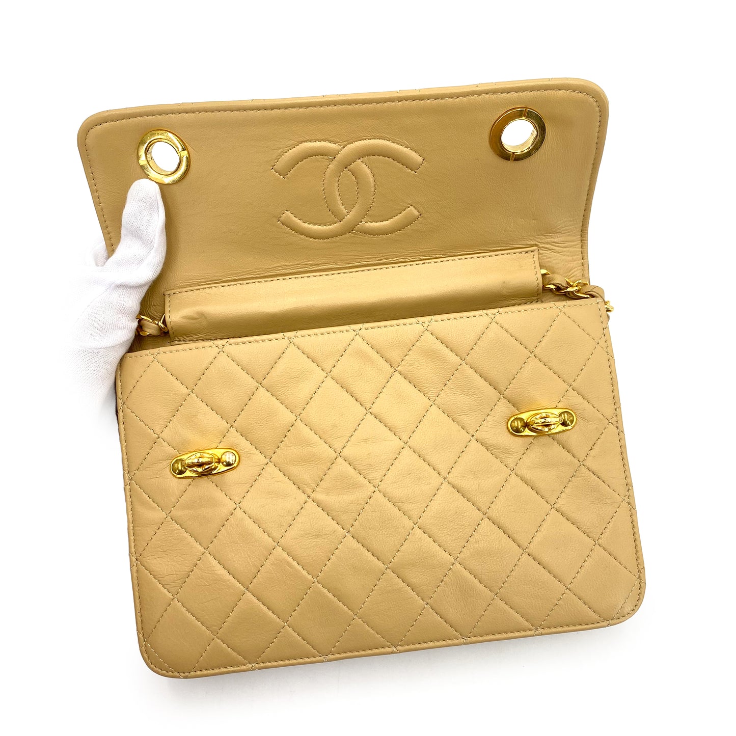 CHANEL VINTAGE DOUBLE TURN LOCK CHAIN SHOULDER BAG BEIGE LAMB SKIN 90240961