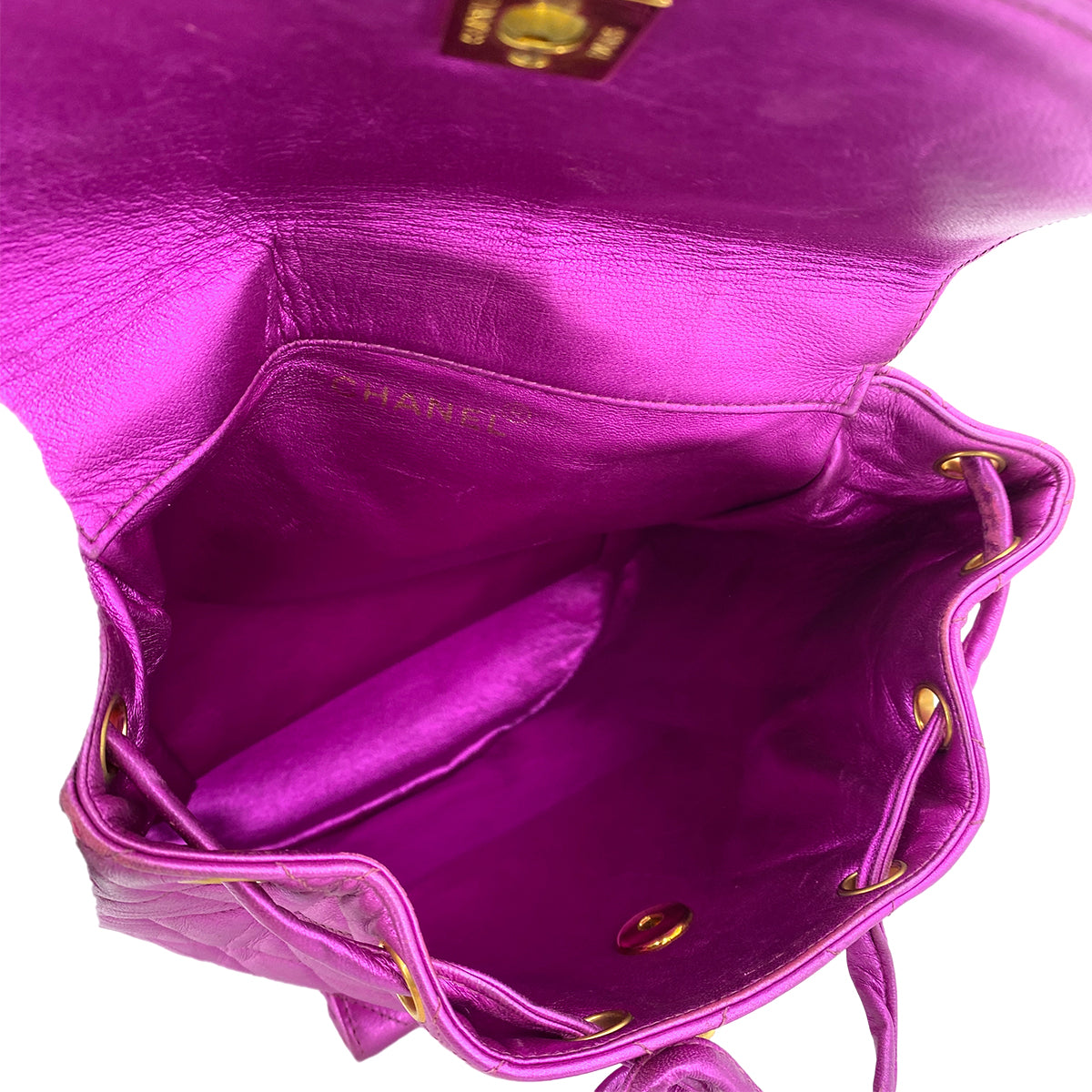 CHANEL VINTAGE DUMA CHAIN BACKPACK METALLIC PINK LAMB SKIN 90241255