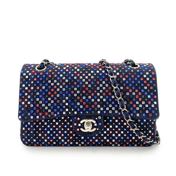 CHANEL CLASSIC FLAP MEDIUM STUDS CHAIN SHOULDER BAG MULTICOLOR DENIM 90241256 - PURPOSE