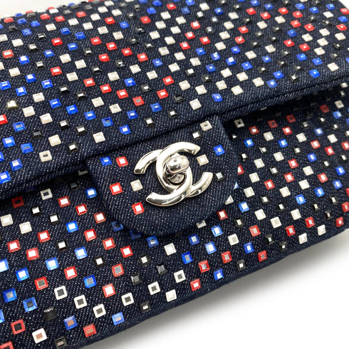 CHANEL CLASSIC FLAP MEDIUM STUDS CHAIN SHOULDER BAG MULTICOLOR DENIM 90241256 - PURPOSE