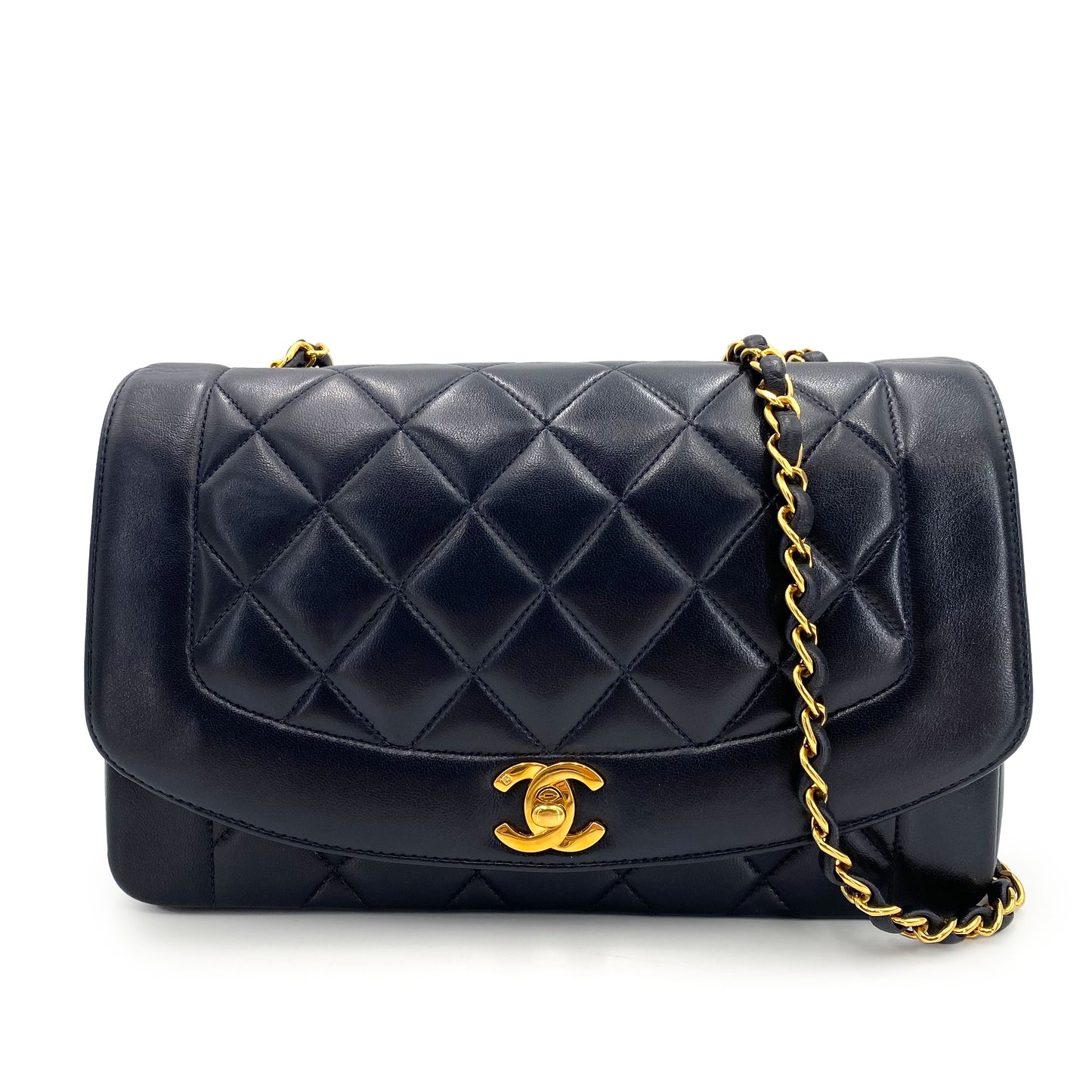 CHANEL VINTAGE DIANA MEDIUM CHAIN SHOULDER BAG NAVY LAMB SKIN 90241260