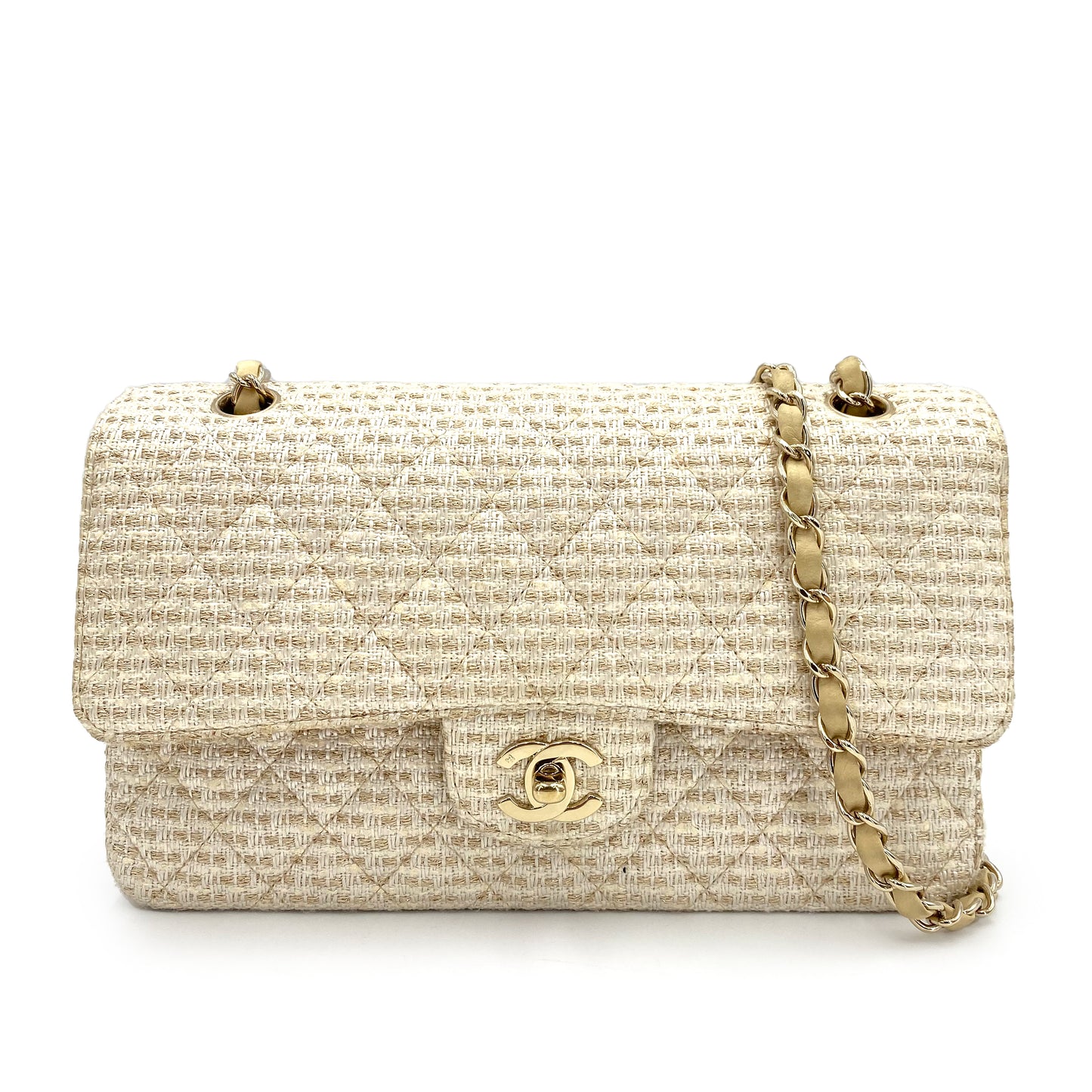 CHANEL VINTAGE CLASSIC FLAP MEDIUM CHAIN SHOULDER BAG WHITE BEIGE TWEED 90241267