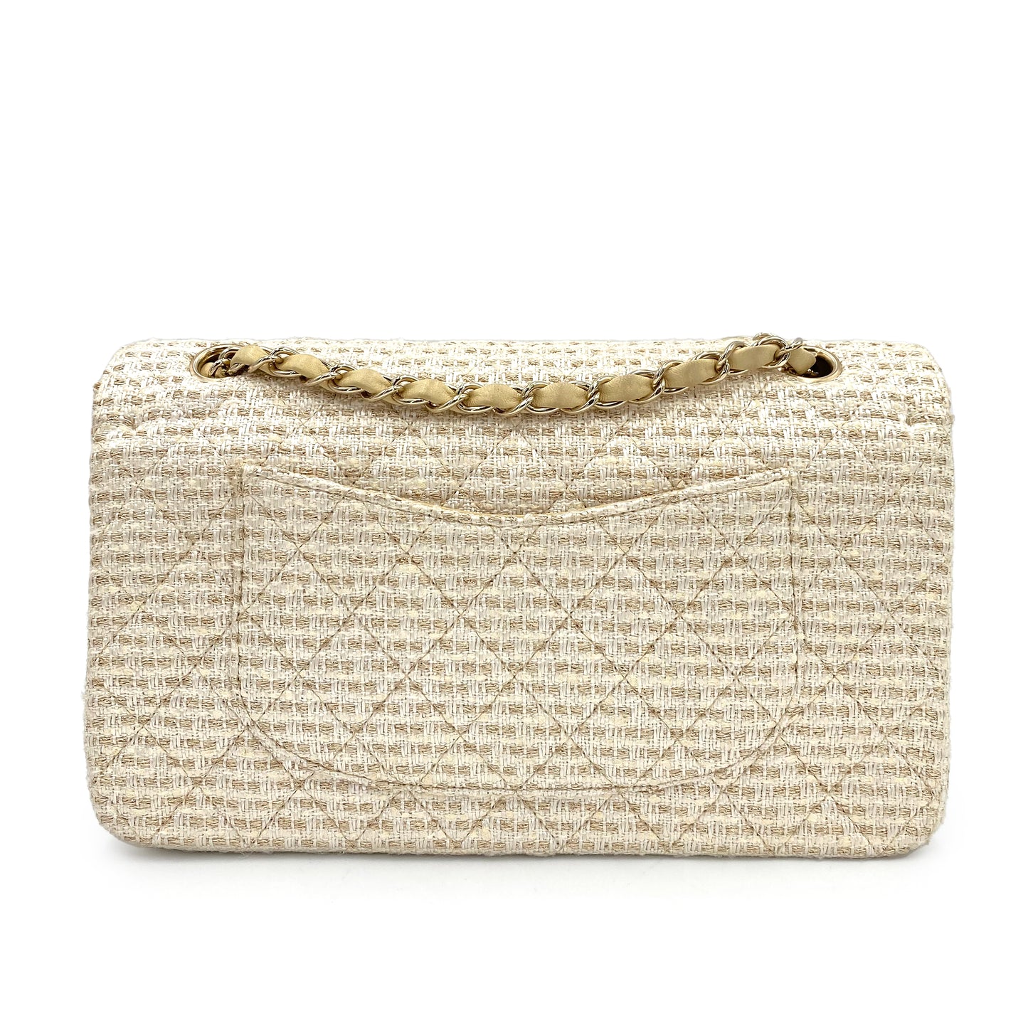 CHANEL VINTAGE CLASSIC FLAP MEDIUM CHAIN SHOULDER BAG WHITE BEIGE TWEED 90241267