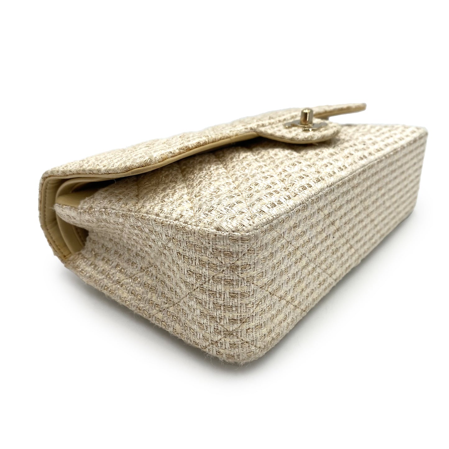 CHANEL VINTAGE CLASSIC FLAP MEDIUM CHAIN SHOULDER BAG WHITE BEIGE TWEED 90241267