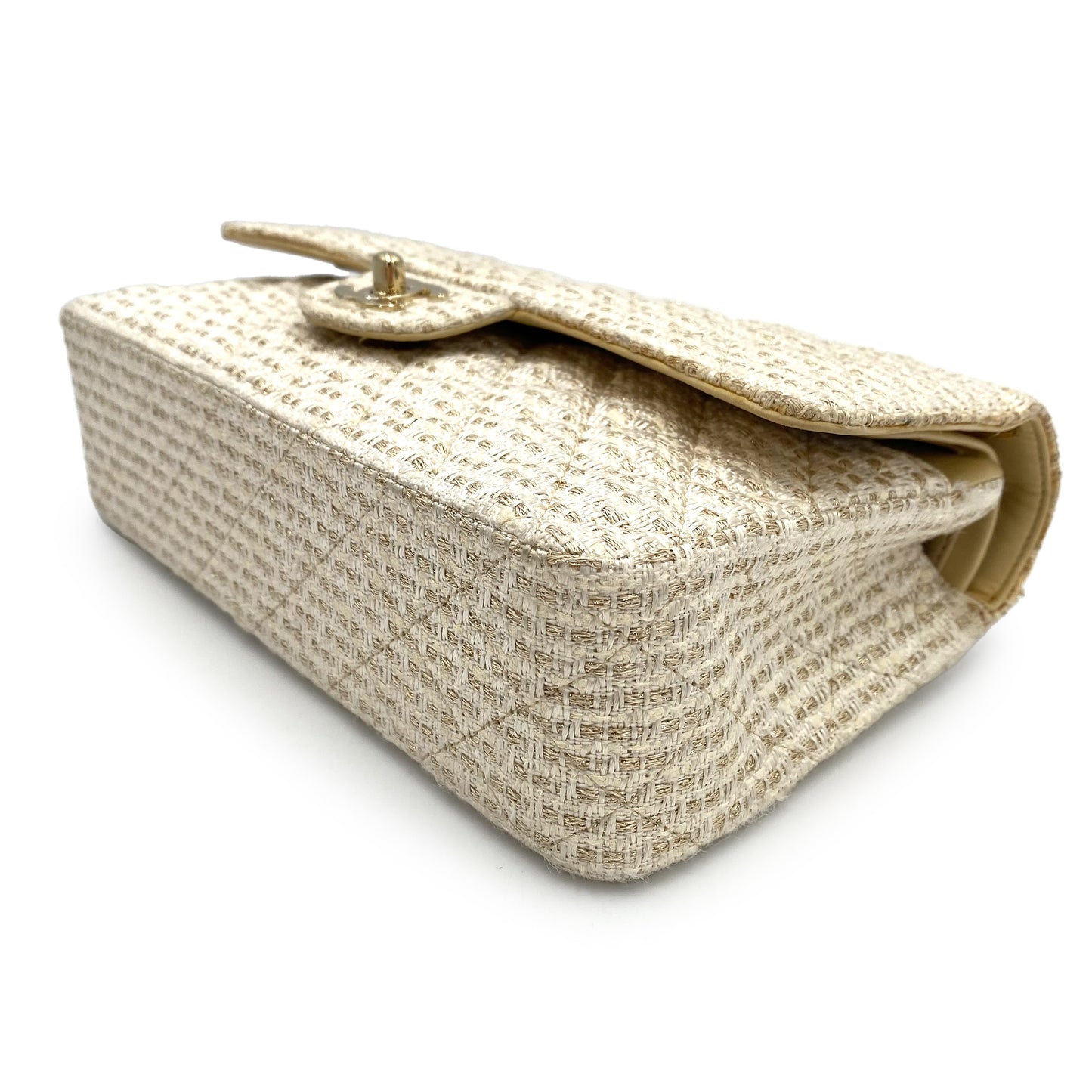 CHANEL VINTAGE CLASSIC FLAP MEDIUM CHAIN SHOULDER BAG WHITE BEIGE TWEED 90241267