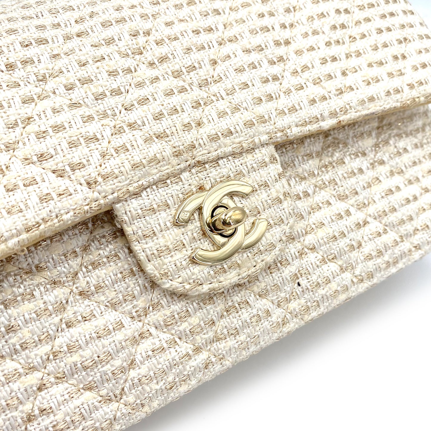 CHANEL VINTAGE CLASSIC FLAP MEDIUM CHAIN SHOULDER BAG WHITE BEIGE TWEED 90241267