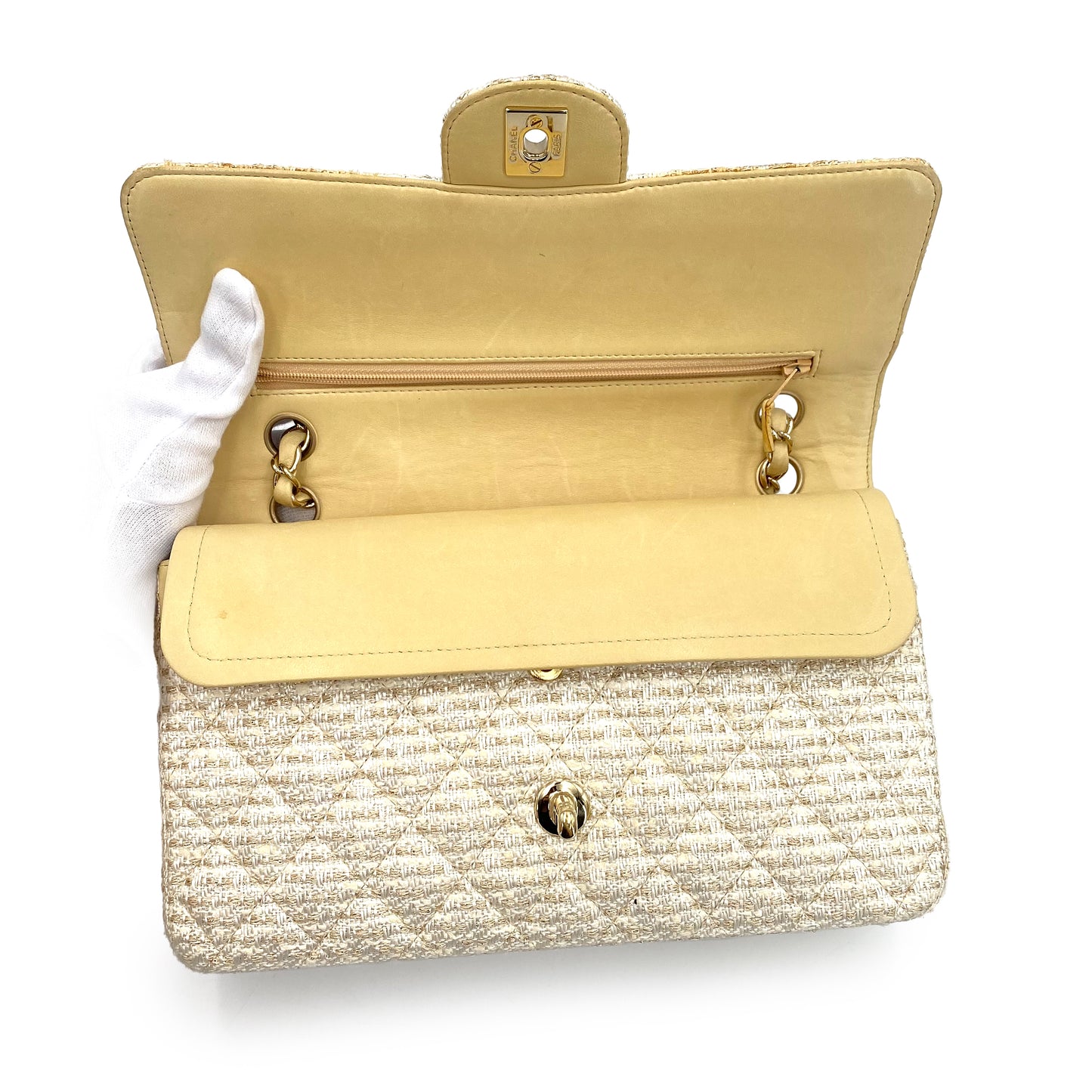 CHANEL VINTAGE CLASSIC FLAP MEDIUM CHAIN SHOULDER BAG WHITE BEIGE TWEED 90241267