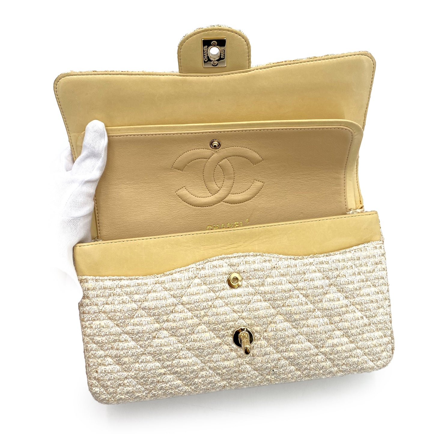 CHANEL VINTAGE CLASSIC FLAP MEDIUM CHAIN SHOULDER BAG WHITE BEIGE TWEED 90241267