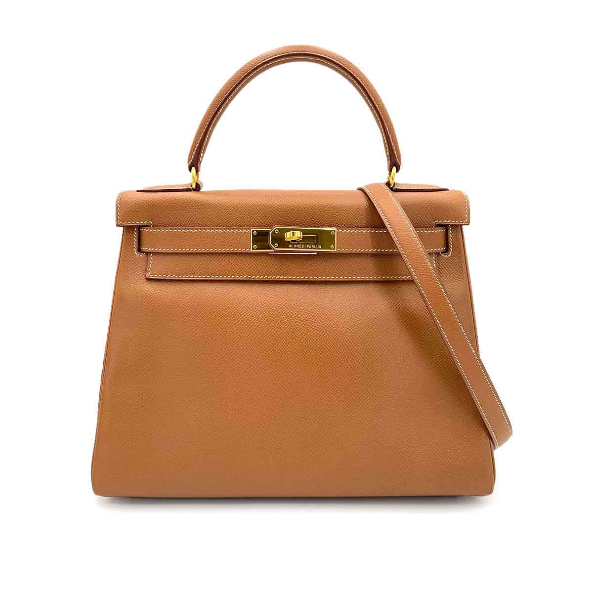 HERMES KELLY 28 RETOURNE GOLD COUCHEVEL HAND SHOULDER BAG □A 90241274