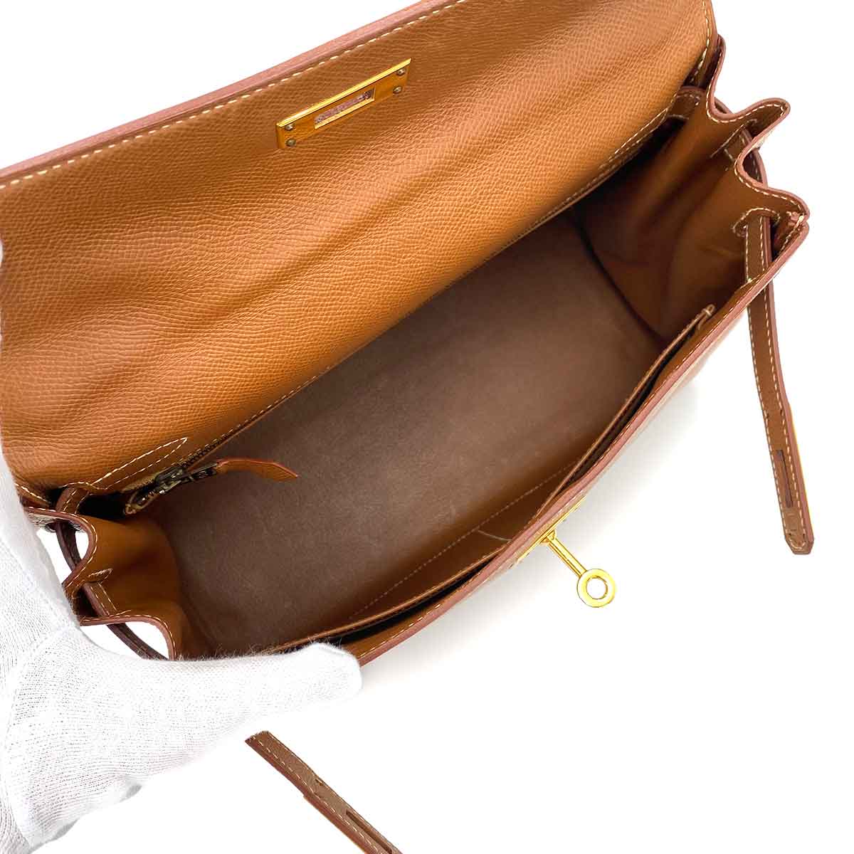 HERMES KELLY 28 RETOURNE GOLD COUCHEVEL HAND SHOULDER BAG □A 90241274
