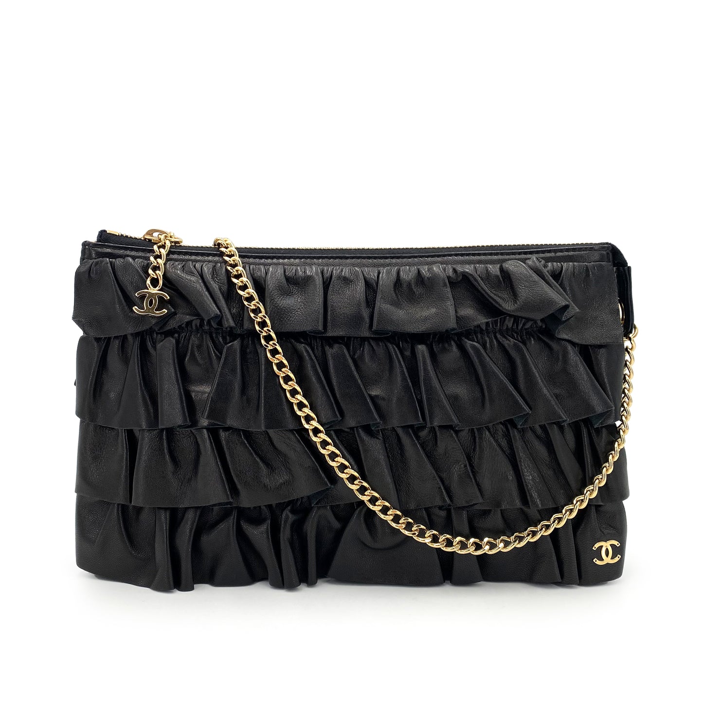 CHANEL VINTAGE FRILLS CHAIN SHOULDER BAG BLACK LAMB SKIN 90241281