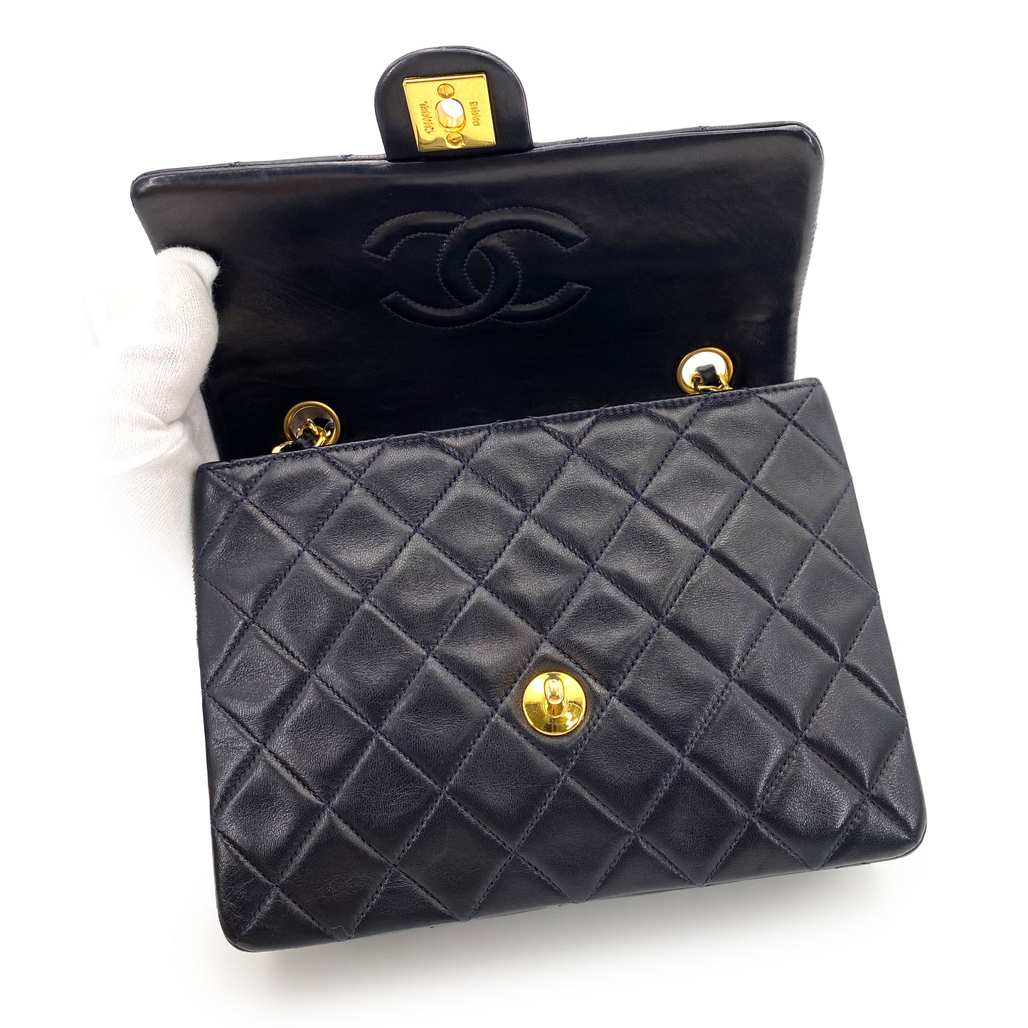 CHANEL VINTAGE MINI SQUARE 20 CHAIN SHOULDER BAG NAVY LAMB SKIN 90241286
