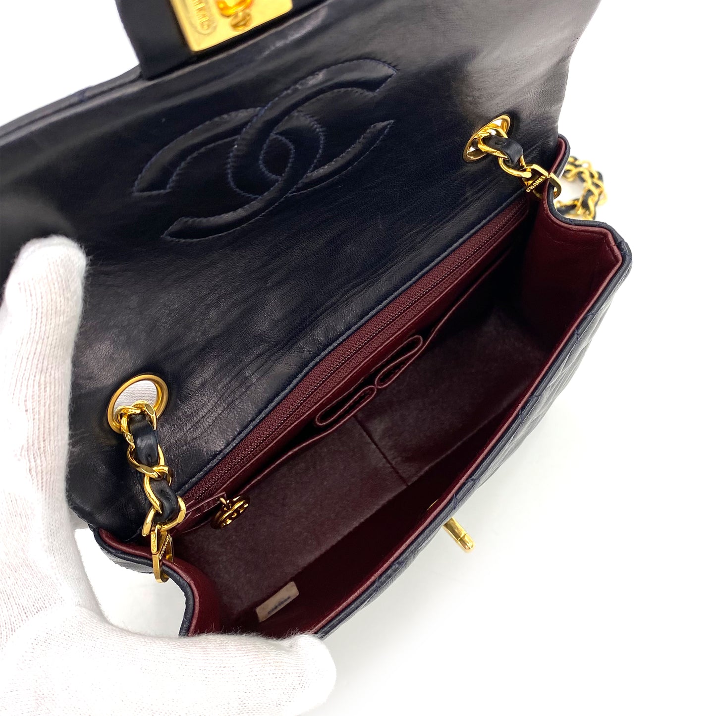 CHANEL VINTAGE MINI SQUARE 20 CHAIN SHOULDER BAG NAVY LAMB SKIN 90241286