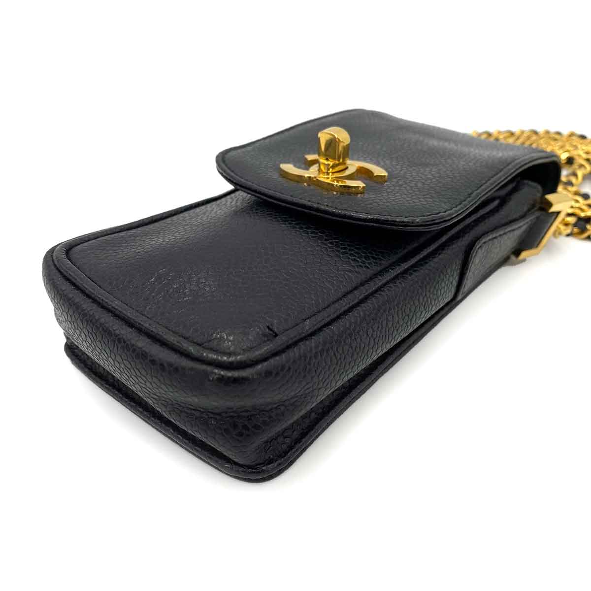 CHANEL VINTAGE MOBILE CASE CHAIN SHOULDER BLACK CAVIAR SKIN 90241287