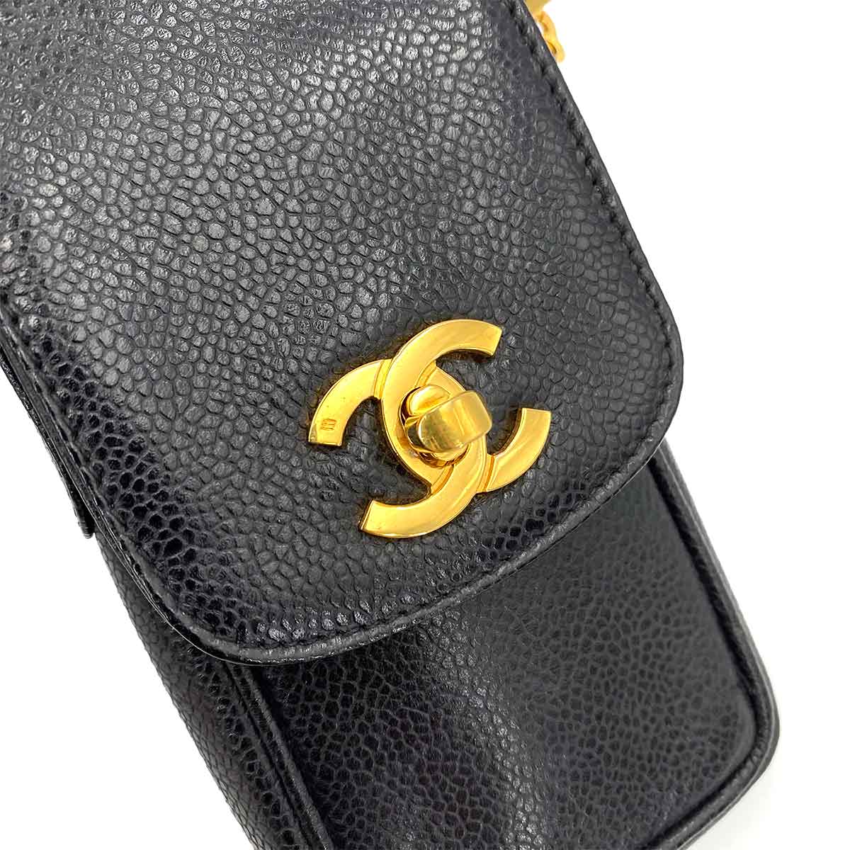 CHANEL VINTAGE MOBILE CASE CHAIN SHOULDER BLACK CAVIAR SKIN 90241287
