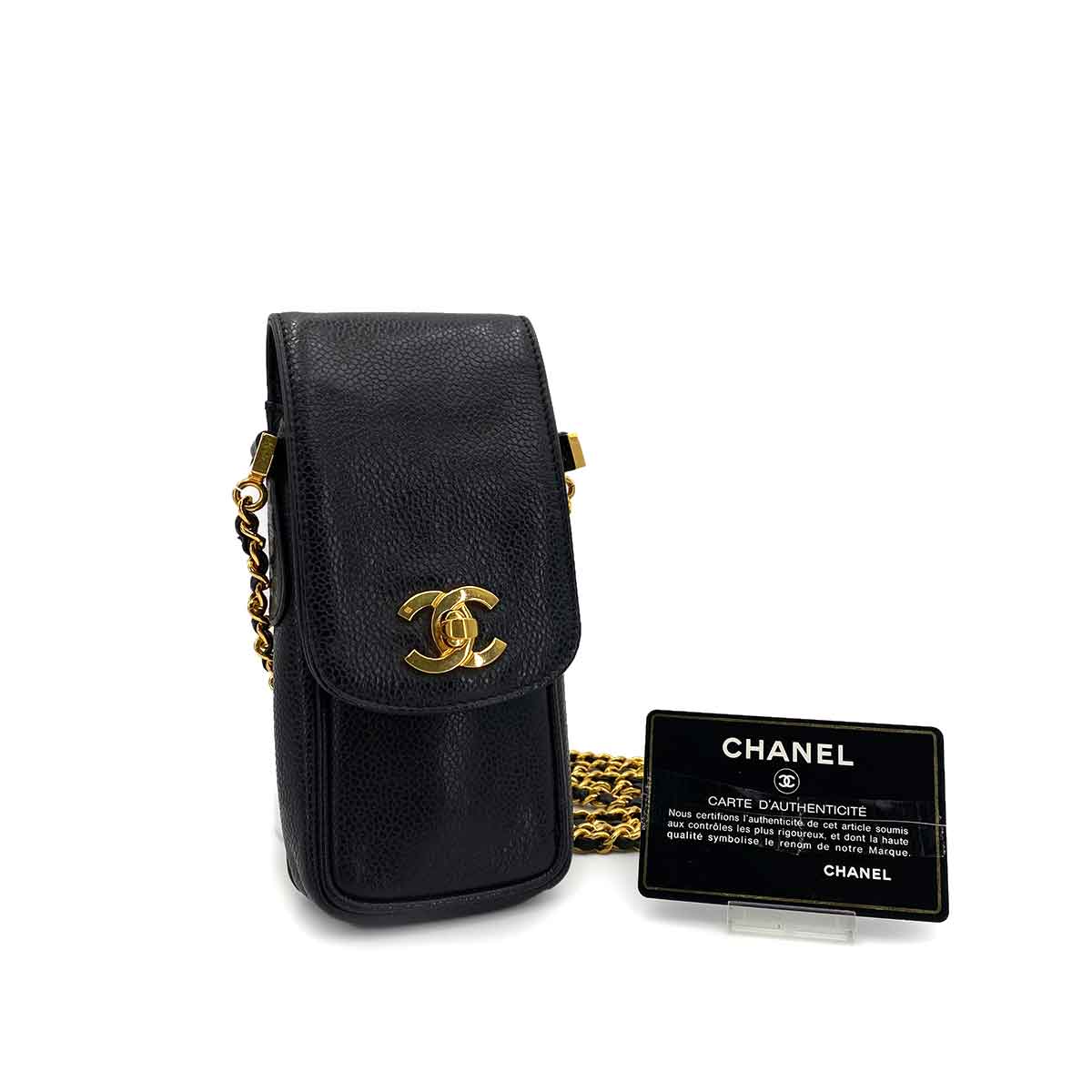CHANEL VINTAGE MOBILE CASE CHAIN SHOULDER BLACK CAVIAR SKIN 90241287