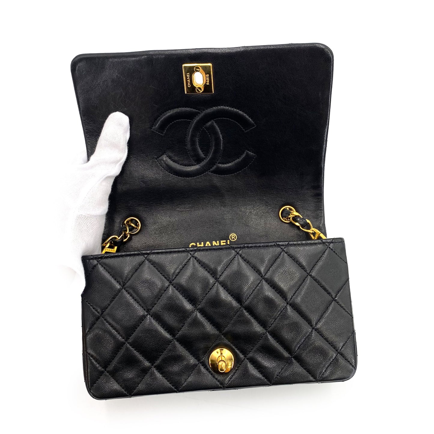 CHANEL VINTAGE MINI FULL FLAP CHAIN SHOULDER BAG BLACK LAMB SKIN 90241291