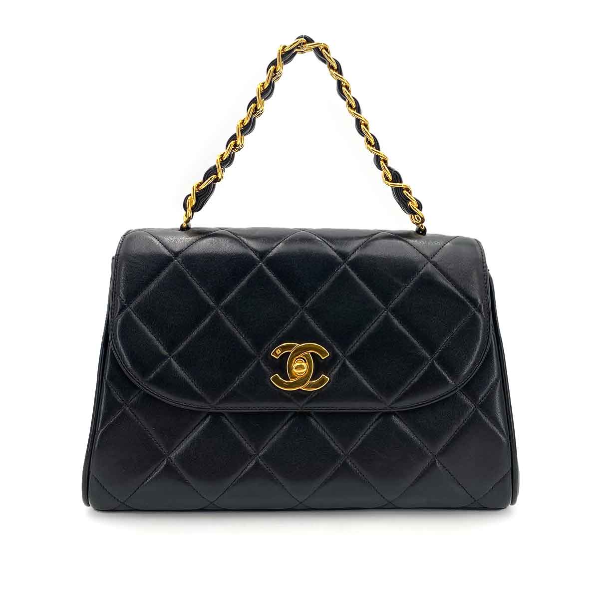 CHANEL VINTAGE TRAPEZOID CHAIN HAND BAG BLACK LAMB SKIN 90241295
