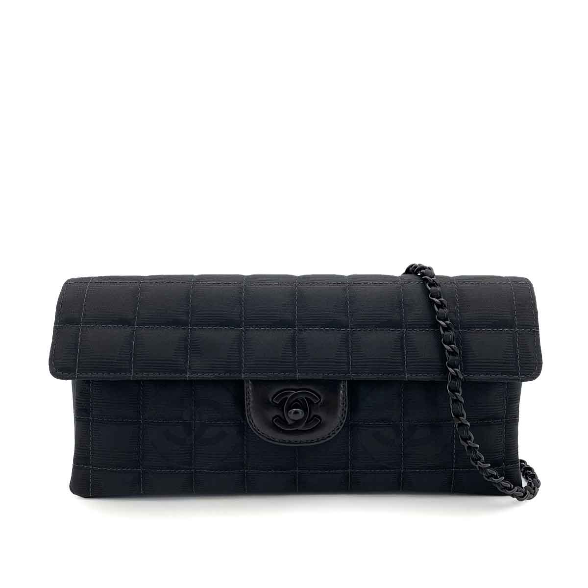 CHANEL VINTAGE NEW TRAVEL LINE EAST WEST CHOCOLATE BAR CHAIN SHOULDER BAG BLACK NYLON 90241297