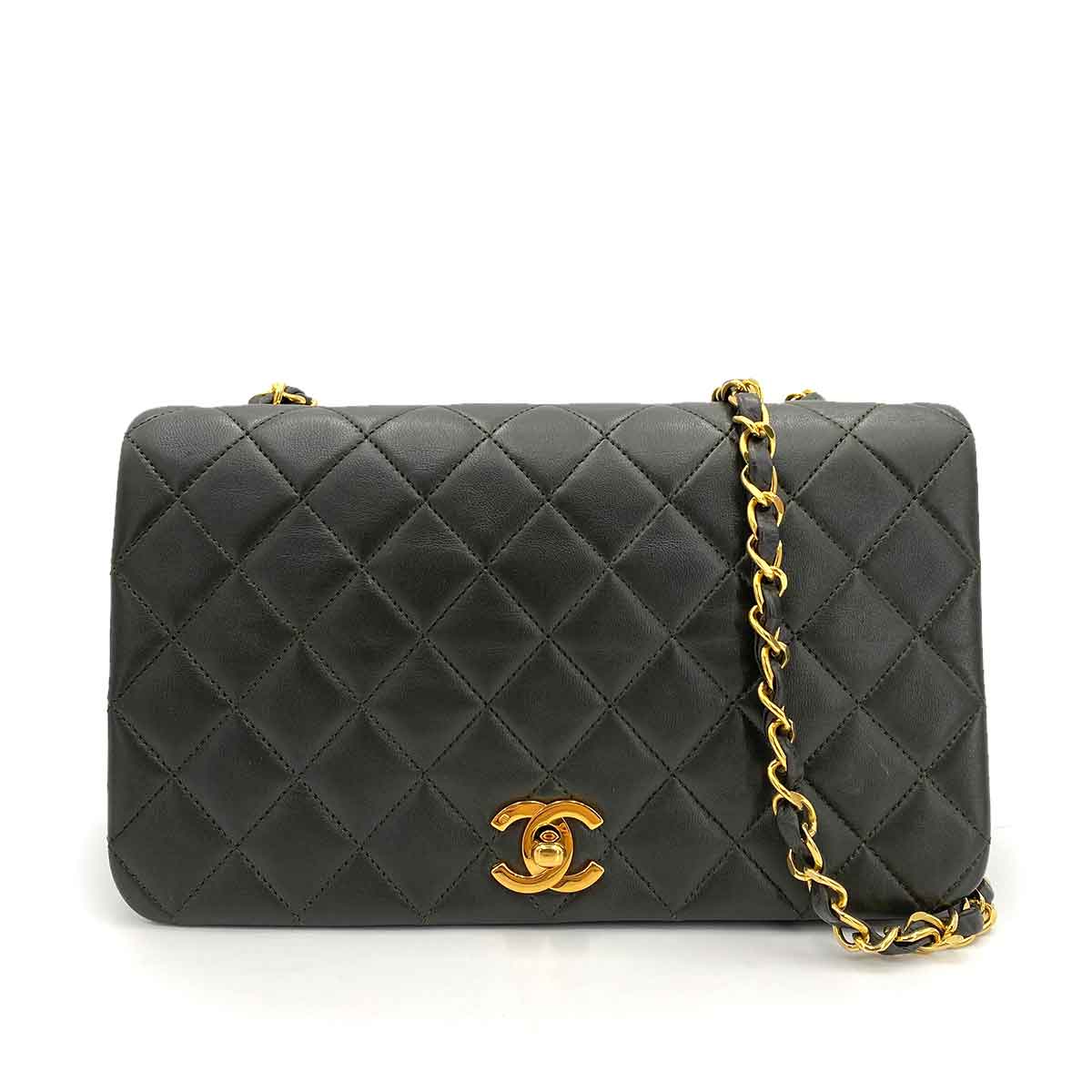 CHANEL VINTAGE FULL FLAP CHAIN SHOULDER BAG KHAKI LAMB SKIN 90241310
