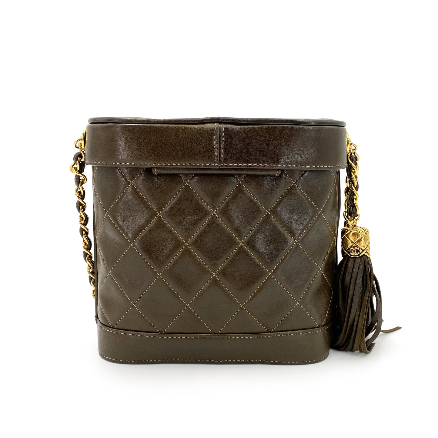 CHANEL VINTAGE MATELASSE FRINGE CHAIN SHOULDER BAG KHAKI LAMB SKIN 90241317