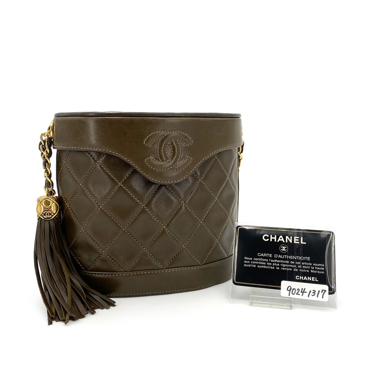CHANEL VINTAGE MATELASSE FRINGE CHAIN SHOULDER BAG KHAKI LAMB SKIN 90241317