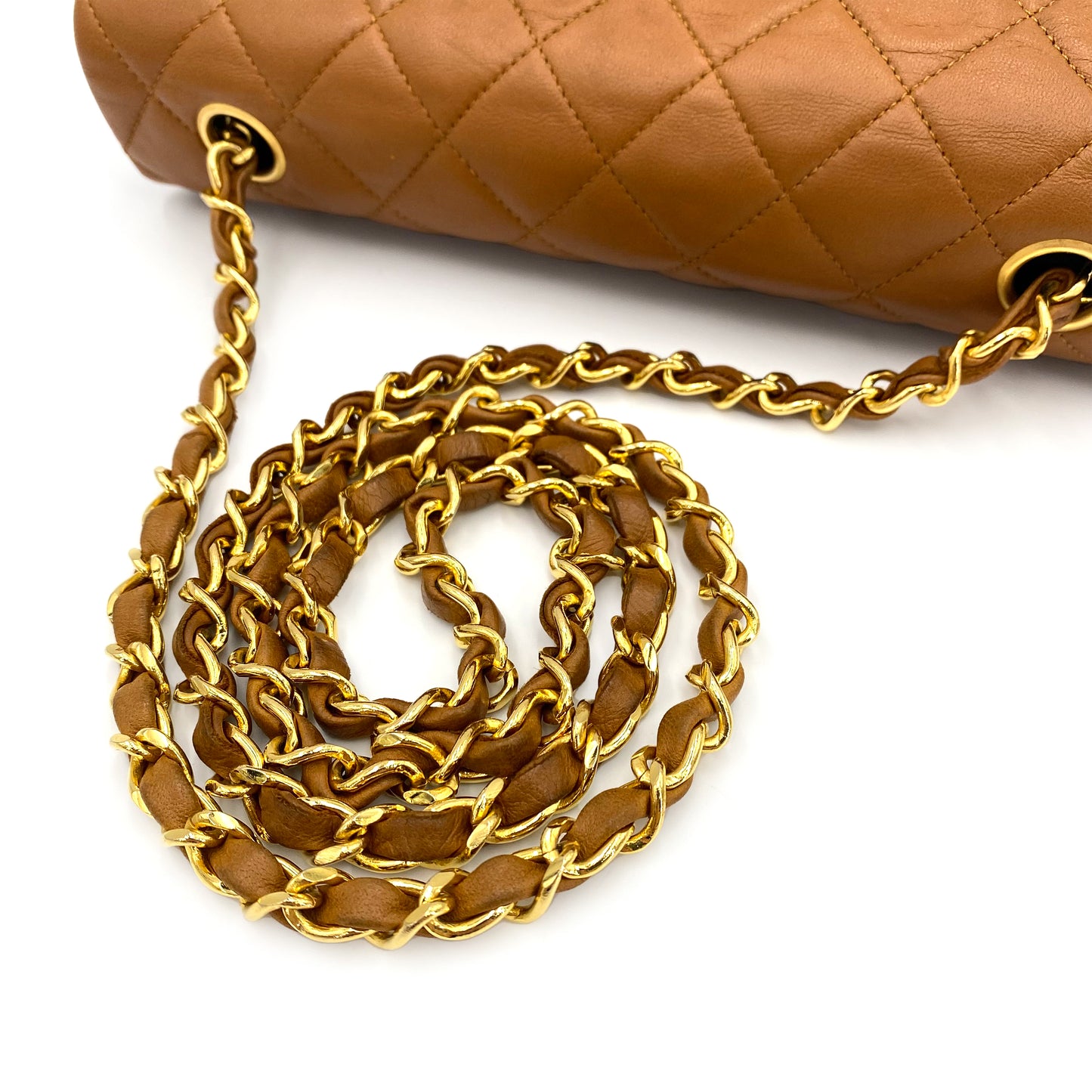 CHANEL VINTAGE FULL FLAP CHAIN SHOULDER BAG CAMEL LAMB SKIN 90241327
