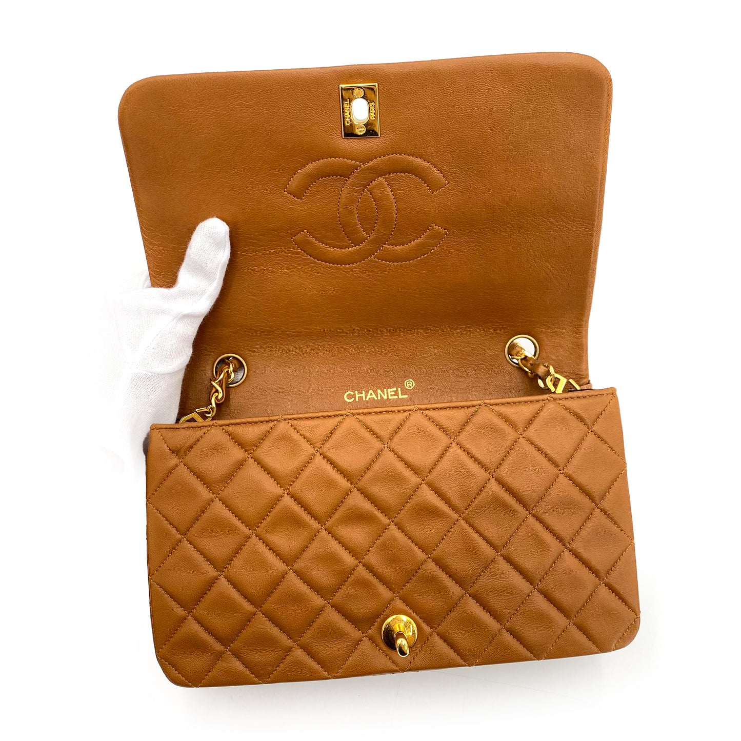 CHANEL VINTAGE FULL FLAP CHAIN SHOULDER BAG CAMEL LAMB SKIN 90241327