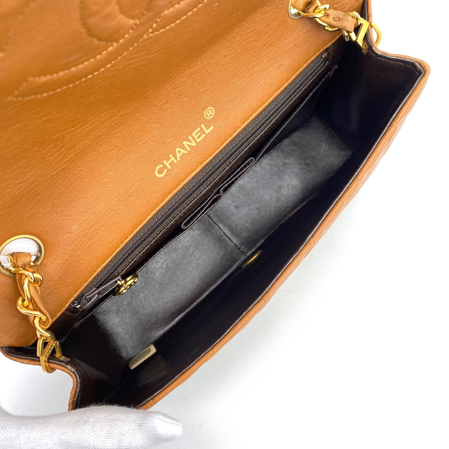 CHANEL VINTAGE FULL FLAP CHAIN SHOULDER BAG CAMEL LAMB SKIN 90241327