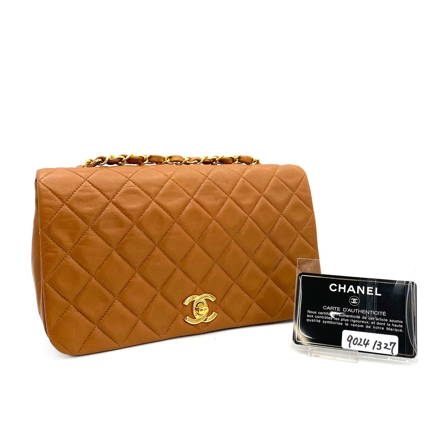 CHANEL VINTAGE FULL FLAP CHAIN SHOULDER BAG CAMEL LAMB SKIN 90241327