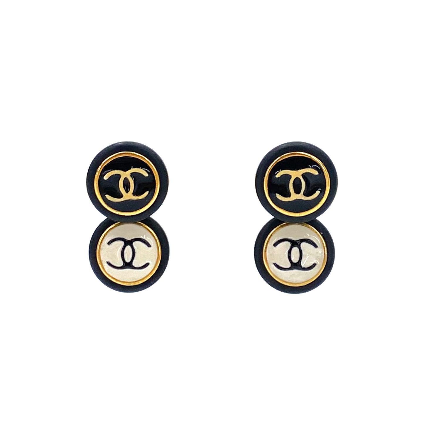 CHANEL VINTAGE EARRINGS DOUBLE COCOMARK ROUND BLACK WHITE ACCESSORY 95A 90241331