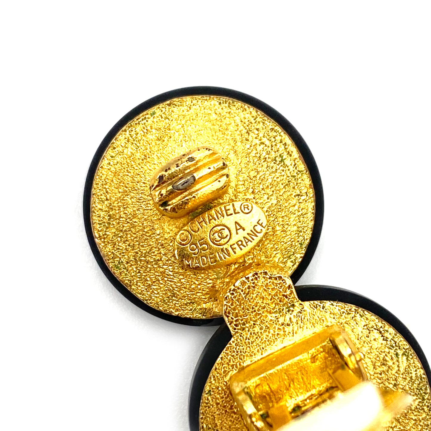 CHANEL VINTAGE EARRINGS DOUBLE COCOMARK ROUND BLACK WHITE ACCESSORY 95A 90241331