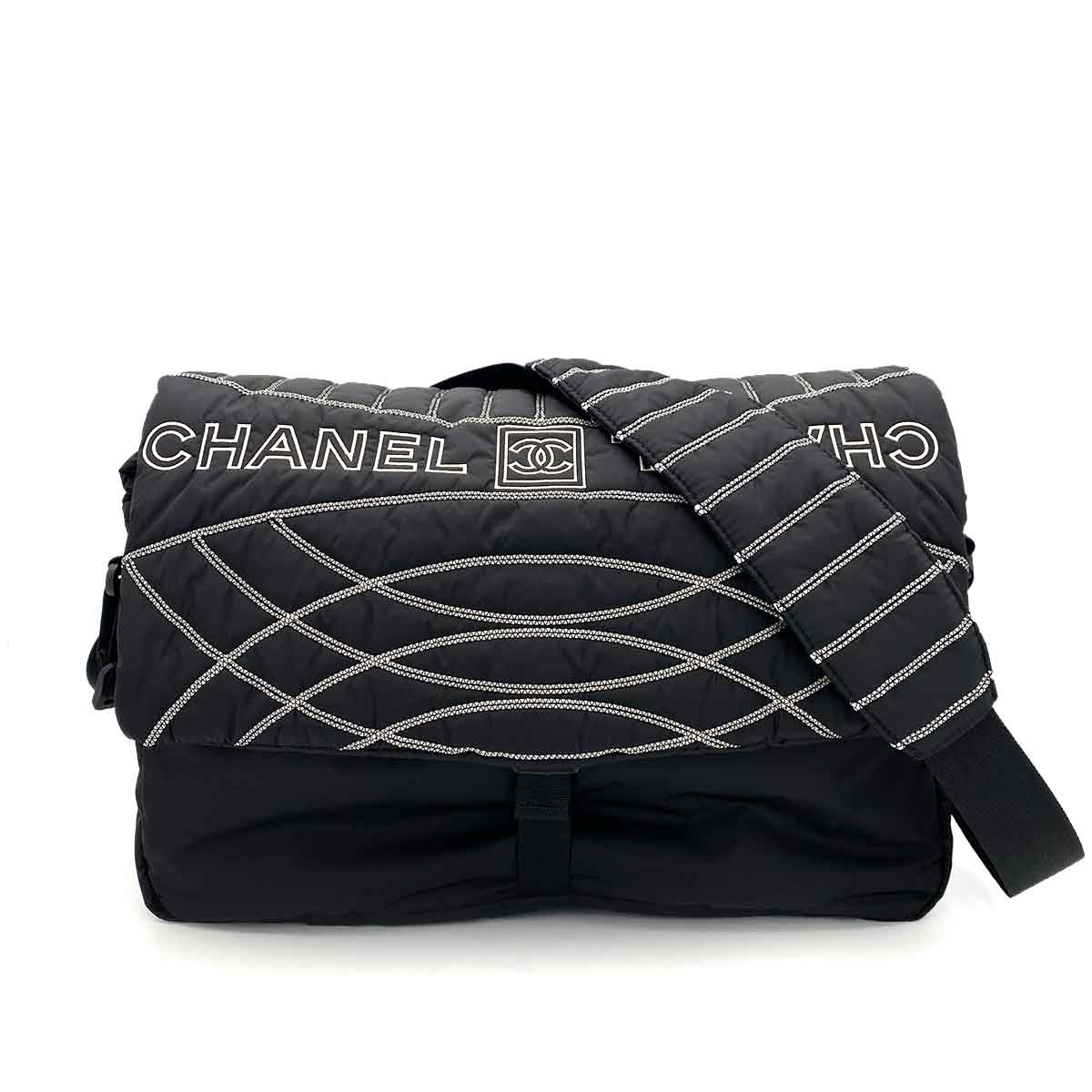 CHANEL VINTAGE SPORTS MESSENGER SHOULDER BAG BLACK NYLON 90241627