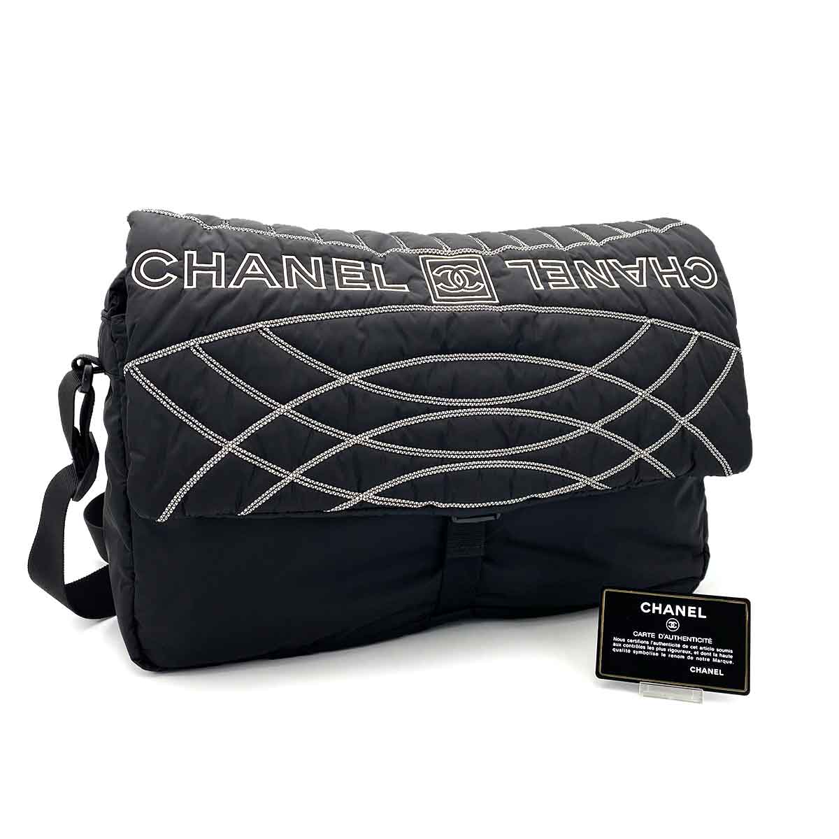 CHANEL VINTAGE SPORTS MESSENGER SHOULDER BAG BLACK NYLON 90241627