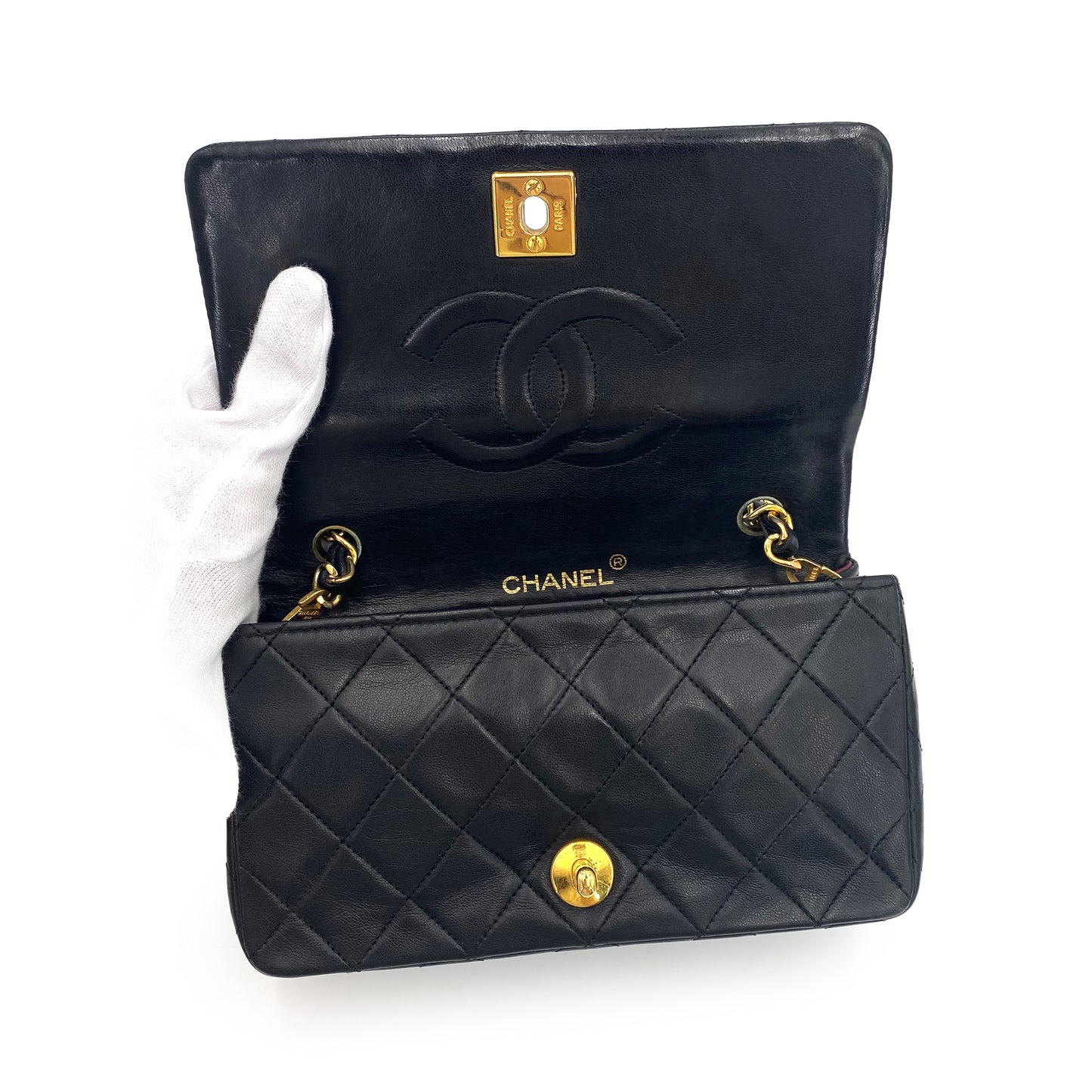 CHANEL VINTAGE MINI FULL FLAP CHAIN SHOULDER BAG BLACK LAMB SKIN 90241643