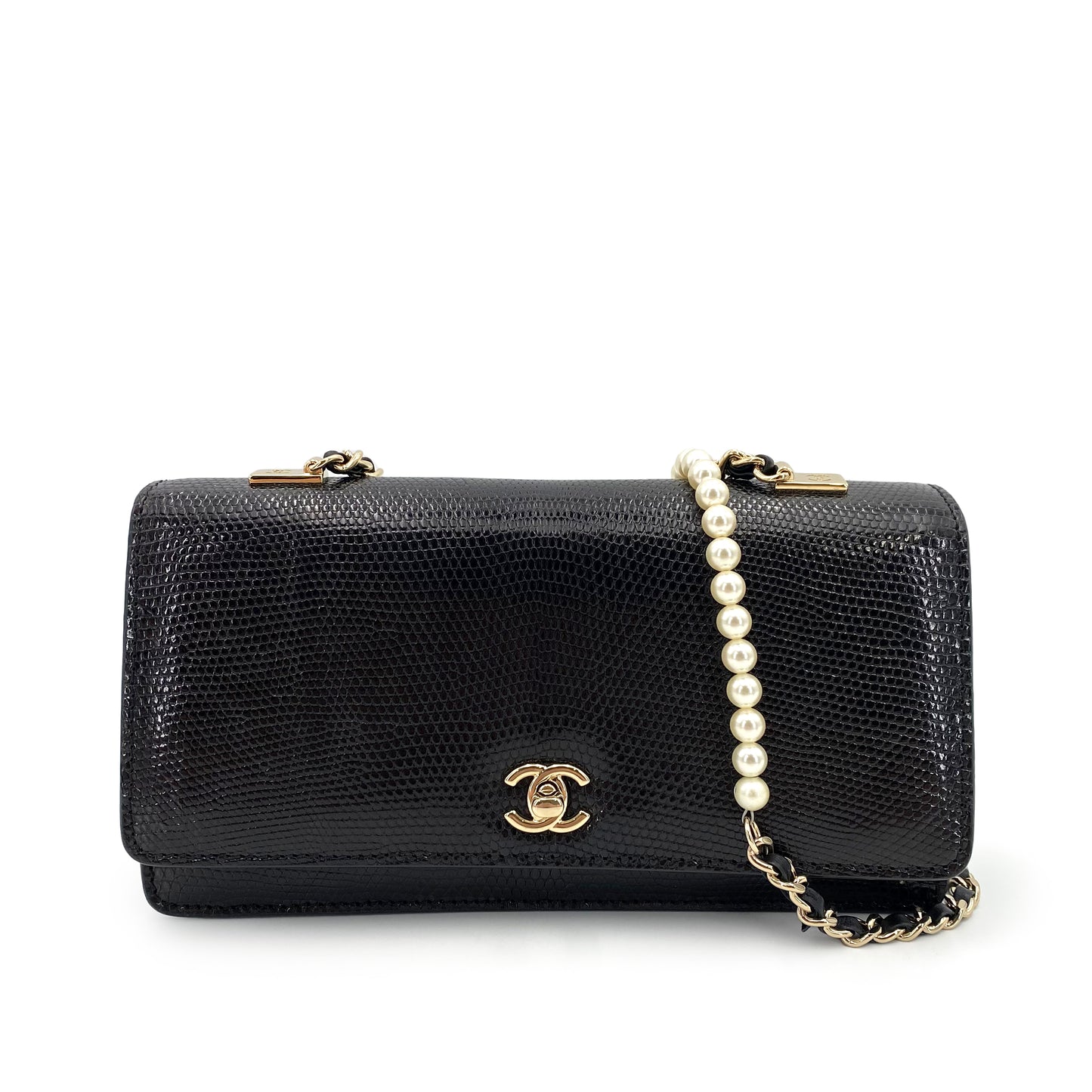 CHANEL FAUX PEARL CHAIN SHOULDER BAG BLACK LIZARD 90241644