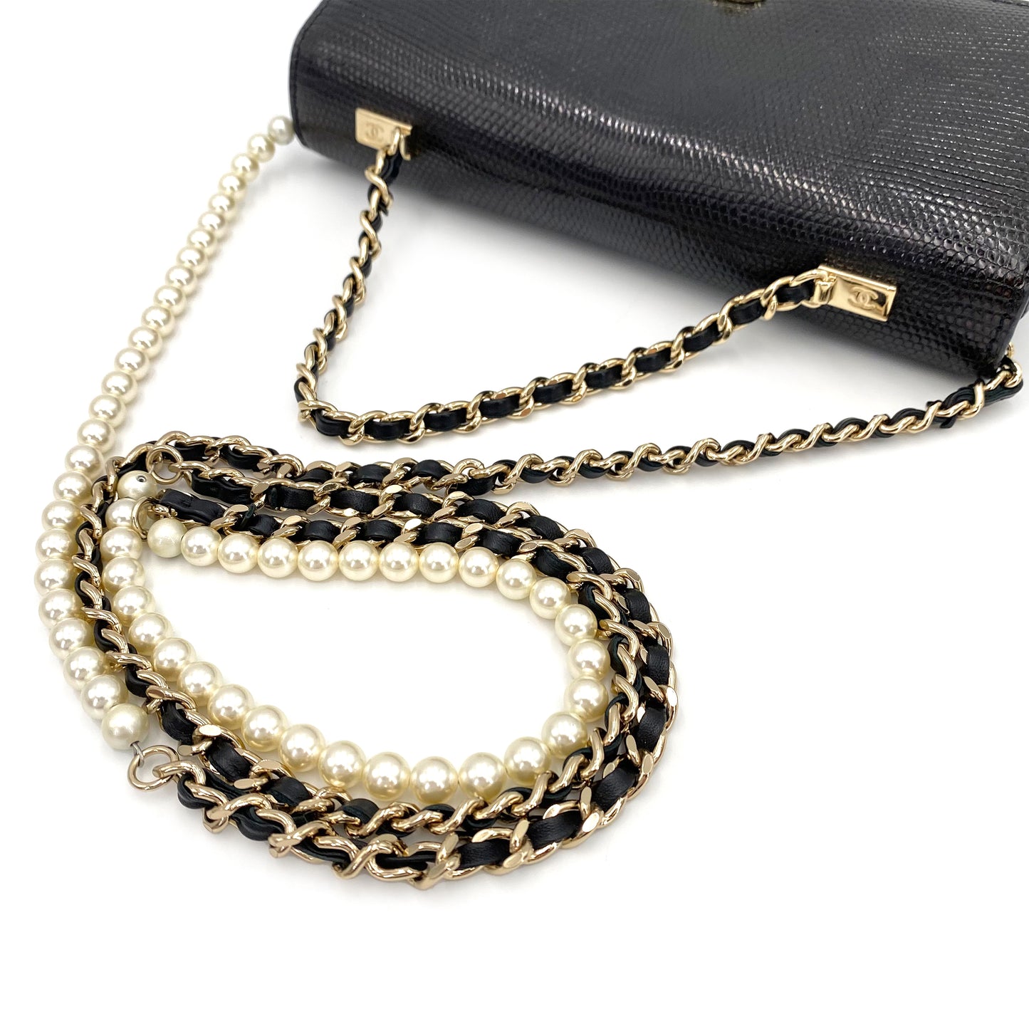 CHANEL FAUX PEARL CHAIN SHOULDER BAG BLACK LIZARD 90241644