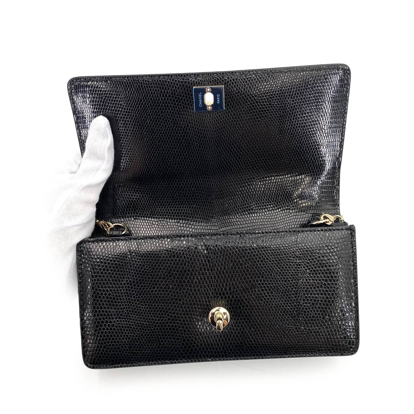 CHANEL FAUX PEARL CHAIN SHOULDER BAG BLACK LIZARD 90241644