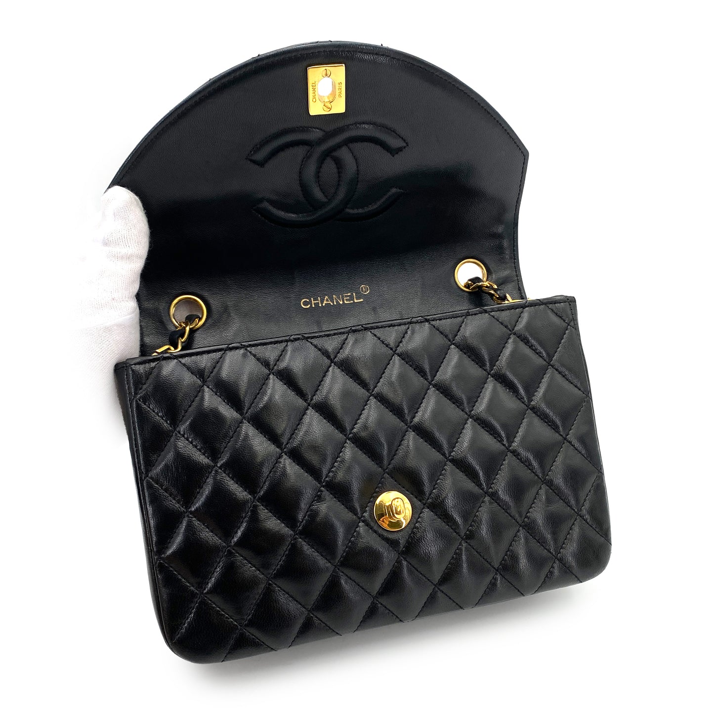 CHANEL VINTAGE HALF MOON CHAIN SHOULDER BAG BLACK LAMB SKIN 90241650