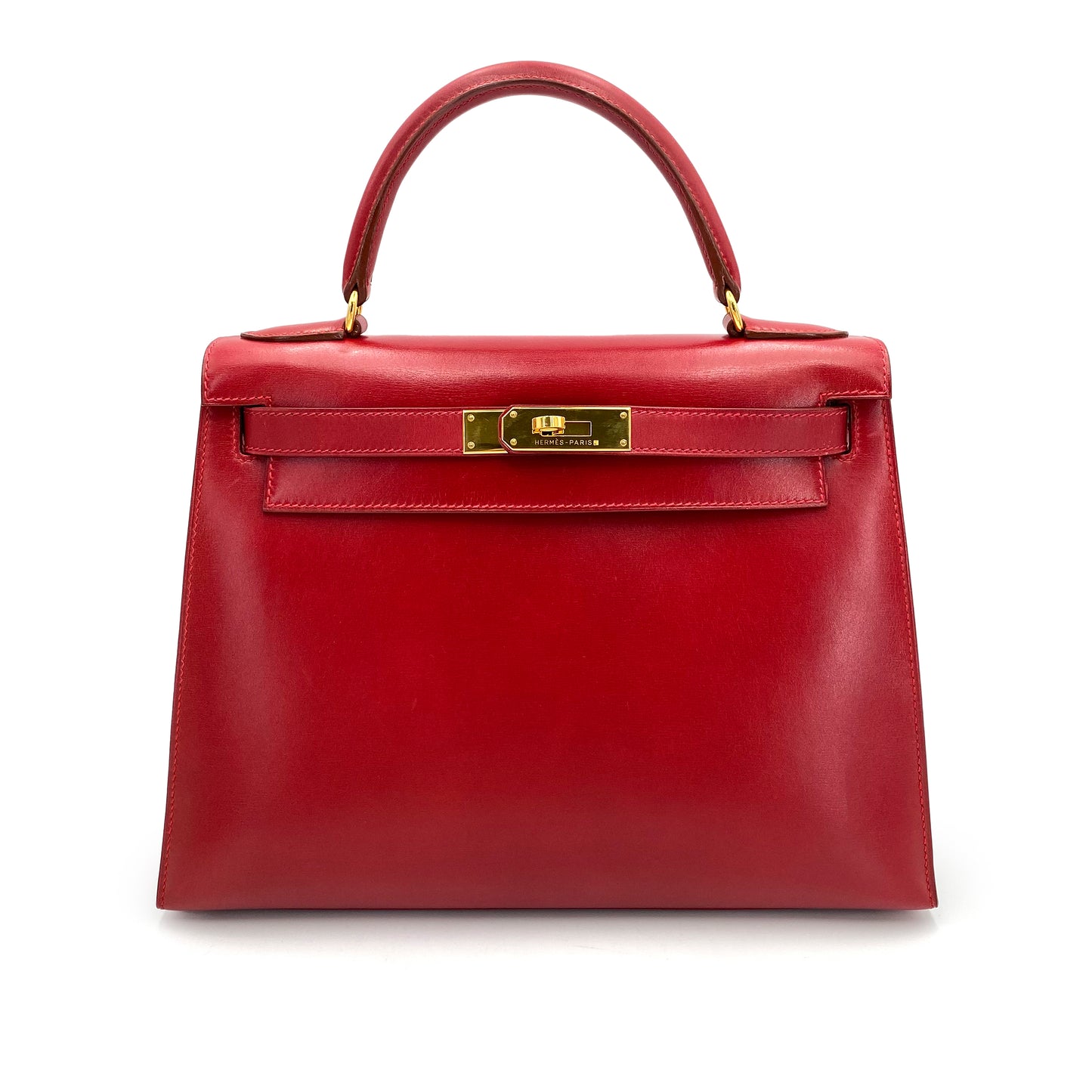 HERMES KELLY 28 SELLIER ROUGE VIF BOXCALF HAND BAG □C 90241664