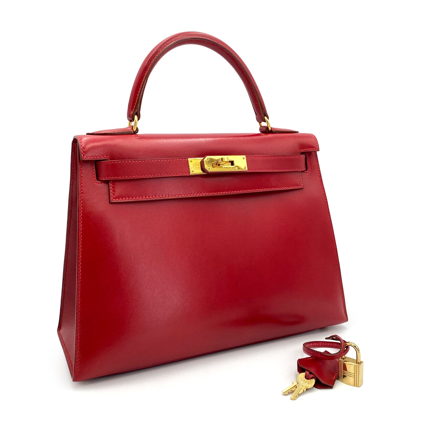 HERMES KELLY 28 SELLIER ROUGE VIF BOXCALF HAND BAG □C 90241664