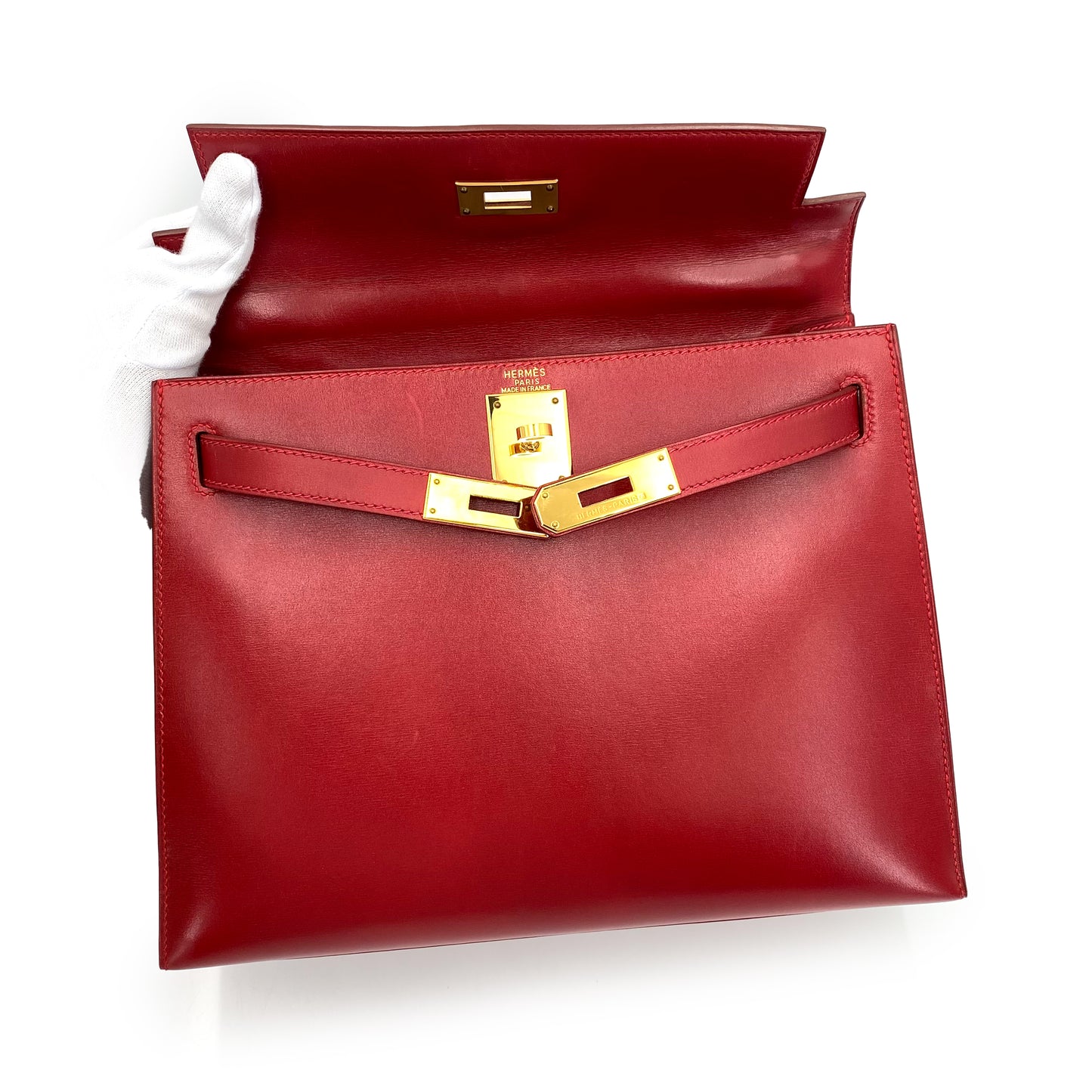 HERMES KELLY 28 SELLIER ROUGE VIF BOXCALF HAND BAG □C 90241664