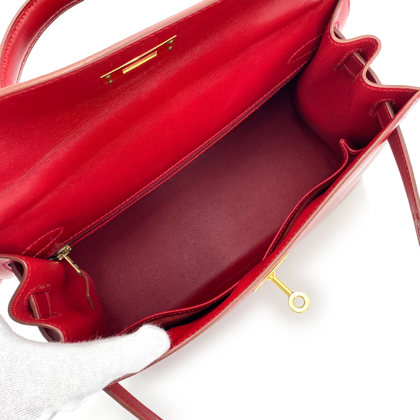 HERMES KELLY 28 SELLIER ROUGE VIF BOXCALF HAND BAG □C 90241664
