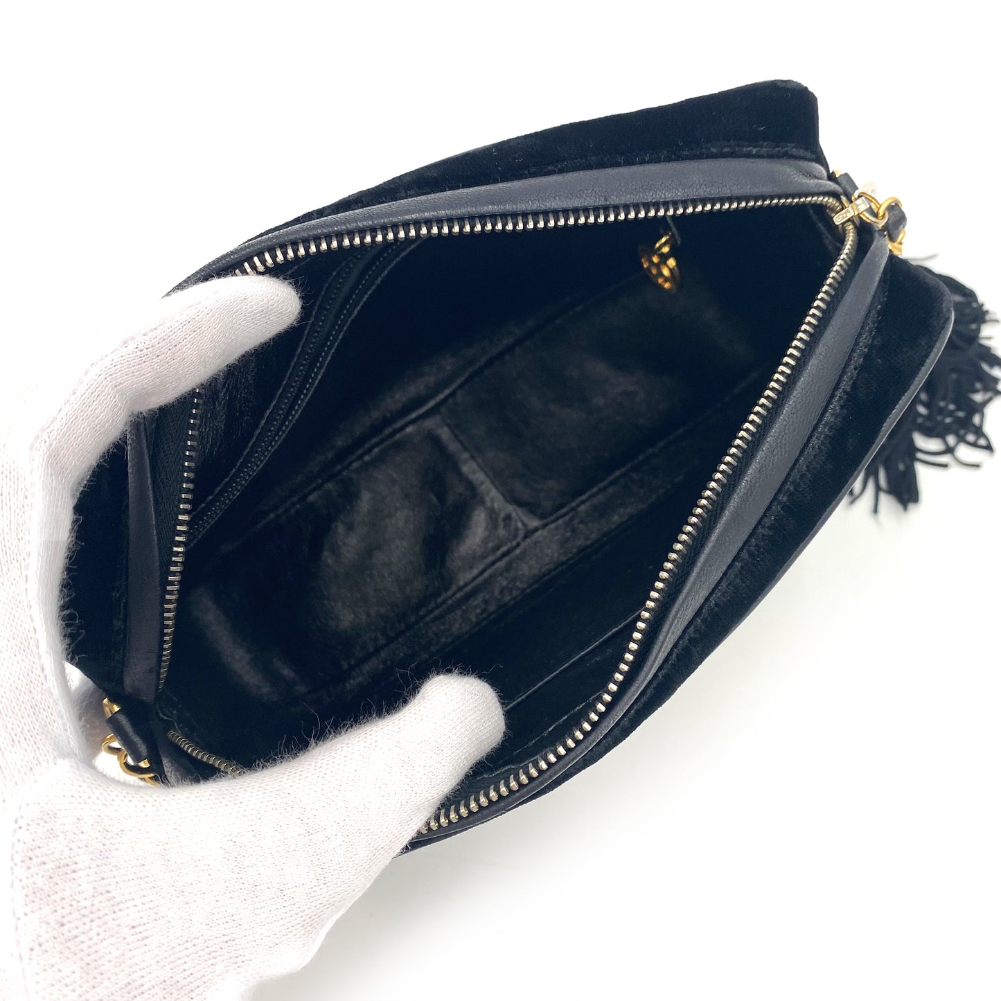 CHANEL VINTAGE FRINGE CHAIN SHOULDER BAG BLACK VELOUR 90241667