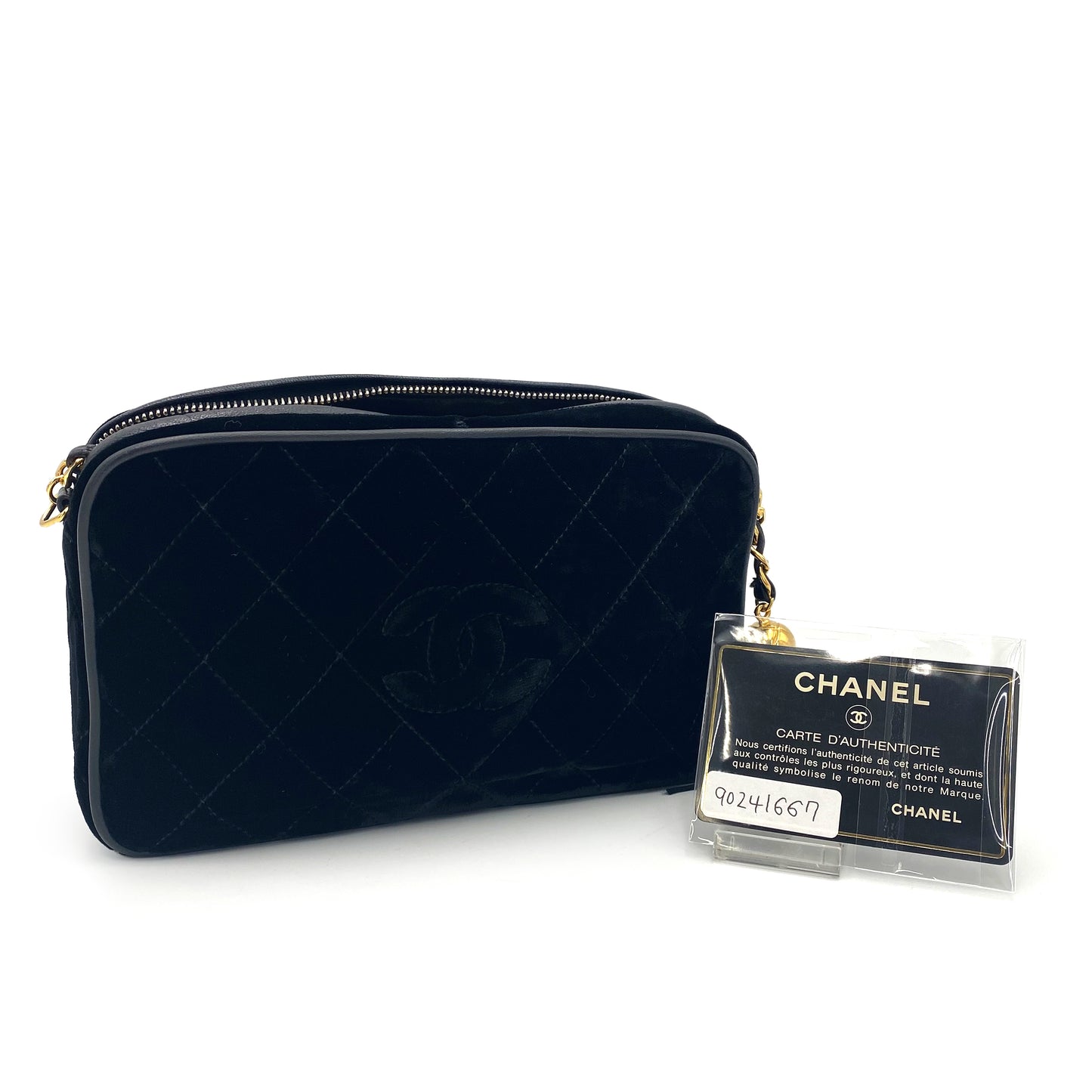 CHANEL VINTAGE FRINGE CHAIN SHOULDER BAG BLACK VELOUR 90241667